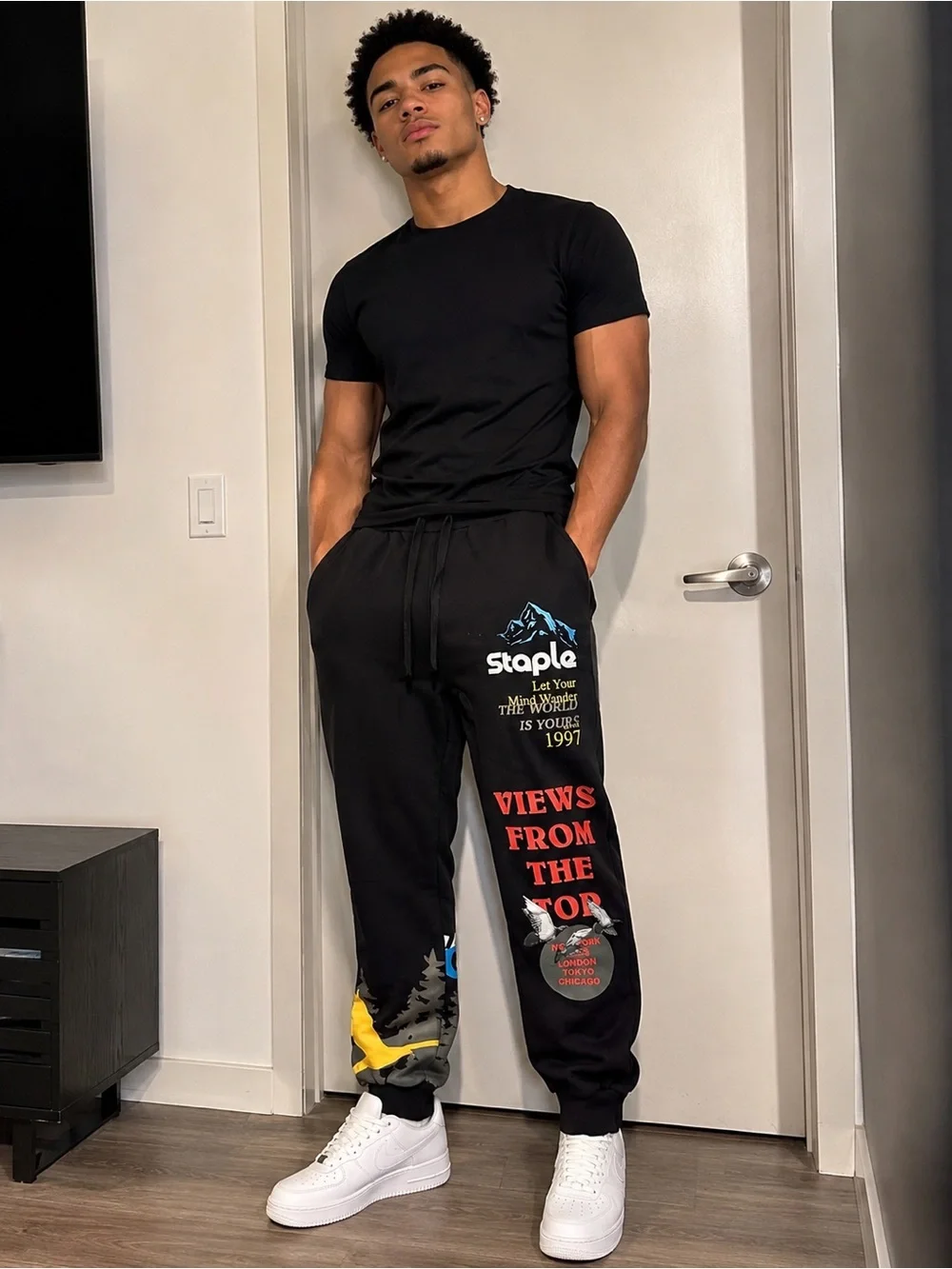 NWT Staple brand, thick joggers with embroidery and graphics. Size Medium